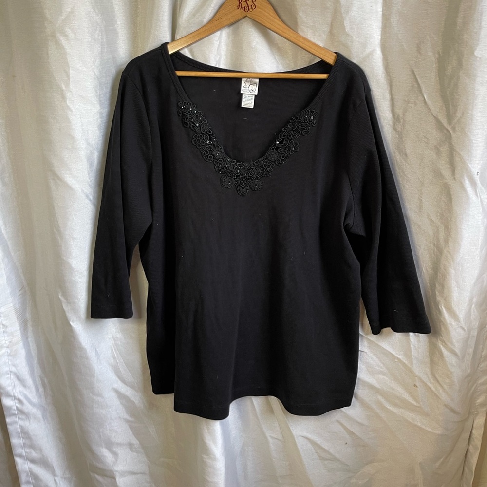 Plus Size Black Ribbed Sequin V-Neck 3/4 Sleeve Casual Blouse Top Shirt